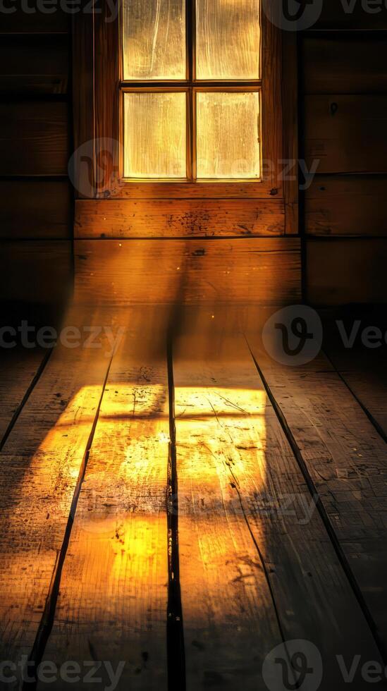 Sunlight filters through a wooden window, casting warm shadows on a rustic wooden floor in a cozy cabin setting. photo