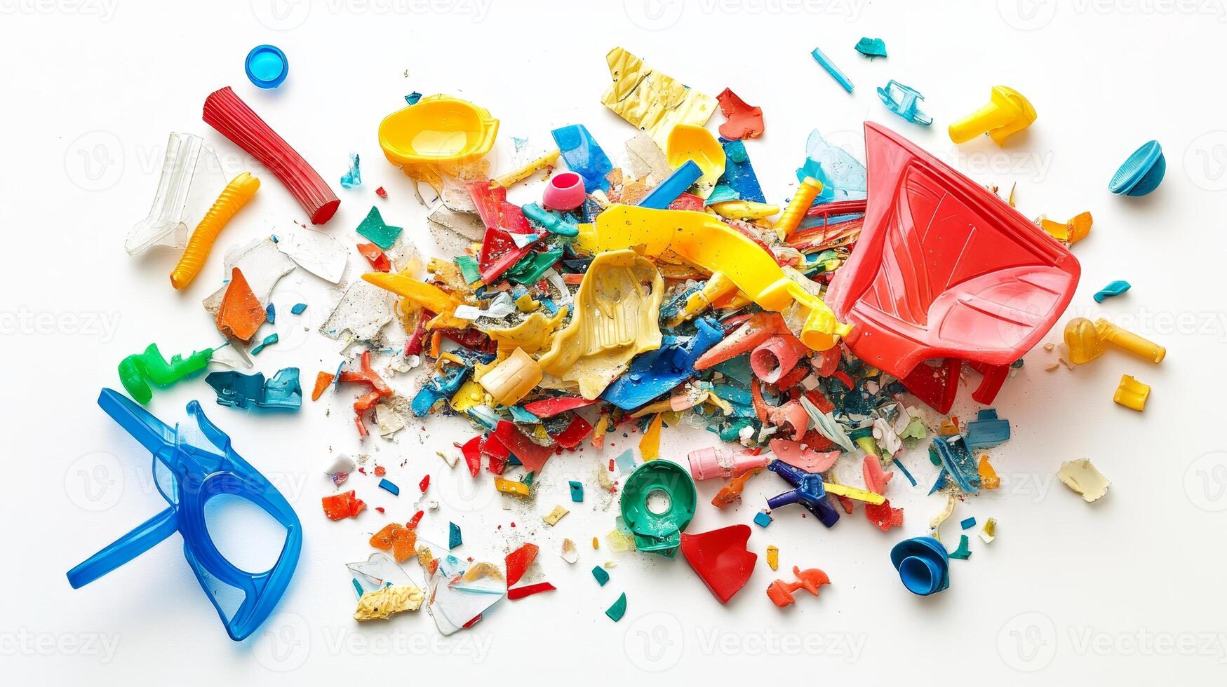 A vibrant assortment of colorful plastic waste scattered on a white surface, illustrating the pressing environmental issue of pollution and recycling challenges. photo