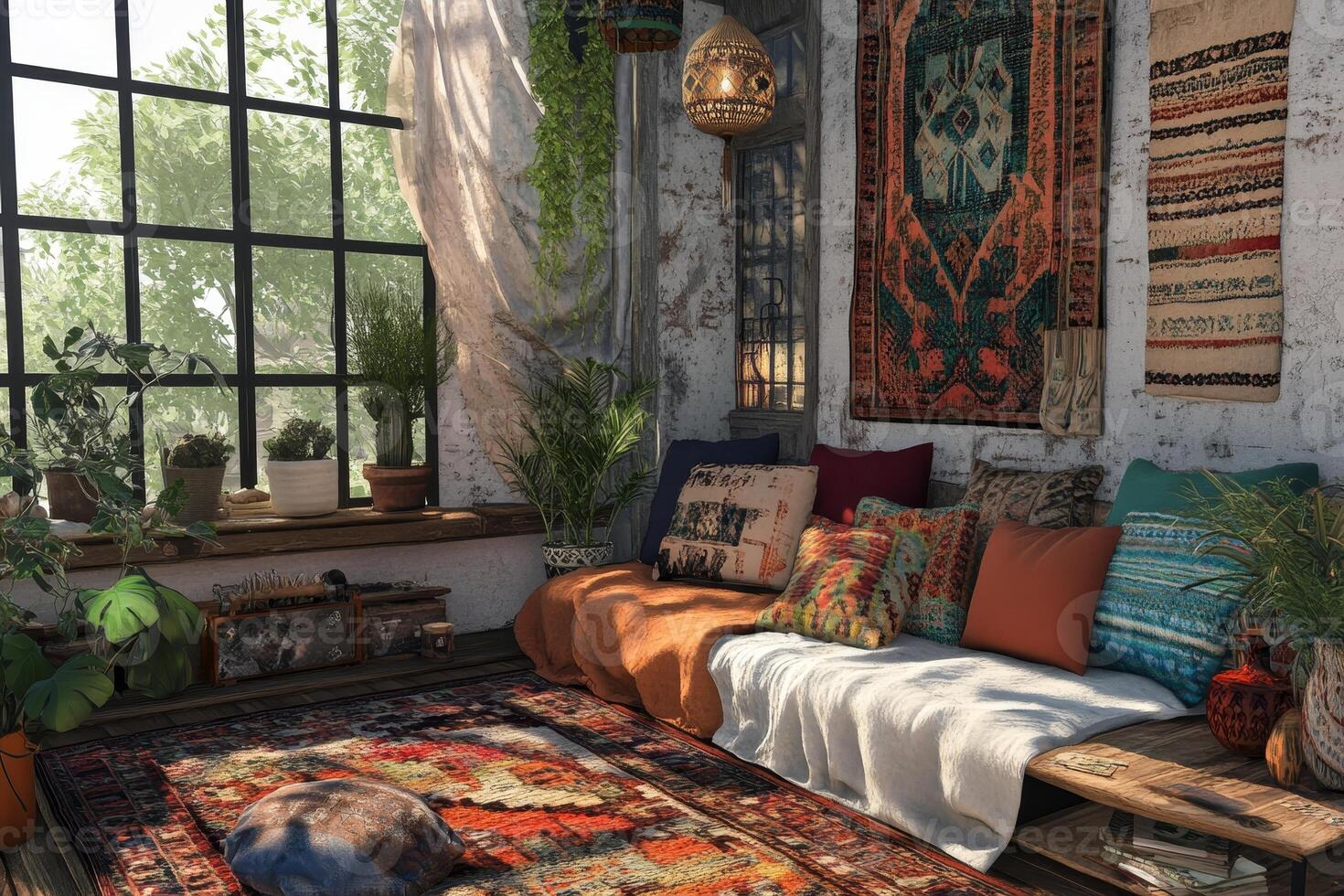Bright and inviting bohemian living room featuring lush plants, soft textiles, and colorful cushions, creating a cozy atmosphere full of warmth and comfort. photo