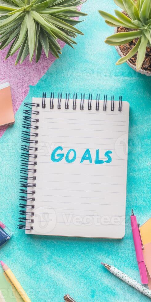A colorful workspace featuring a notebook with Goals photo