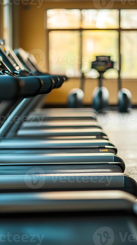A line of sleek treadmills in a brightly lit gym, perfect for workouts and training. The image captures a serene fitness environment that encourages exercise. photo