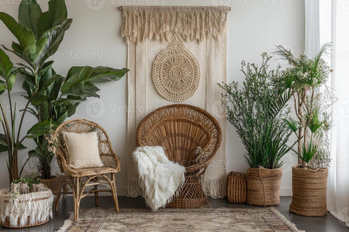 This cozy bohemian living room features natural textures, greenery, and a stylish arrangement of wicker and rattan furniture, creating a serene and inviting atmosphere. photo