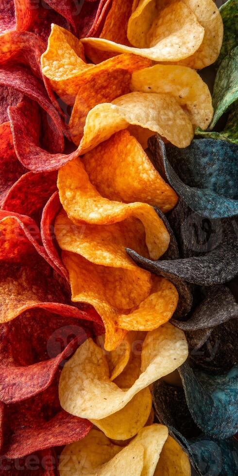 This vibrant assortment of tortilla chips showcases a variety of colors and textures, perfect for parties or casual snacking. Ideal for sharing and serving with dips. photo