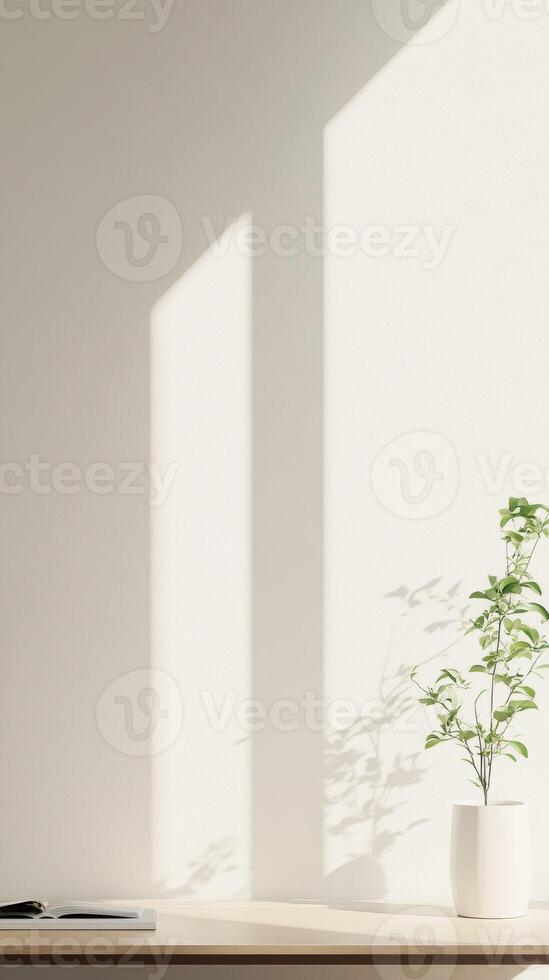 Breathtaking Minimalist Interior with Soft Shadows and Lush Greenery Infusion photo