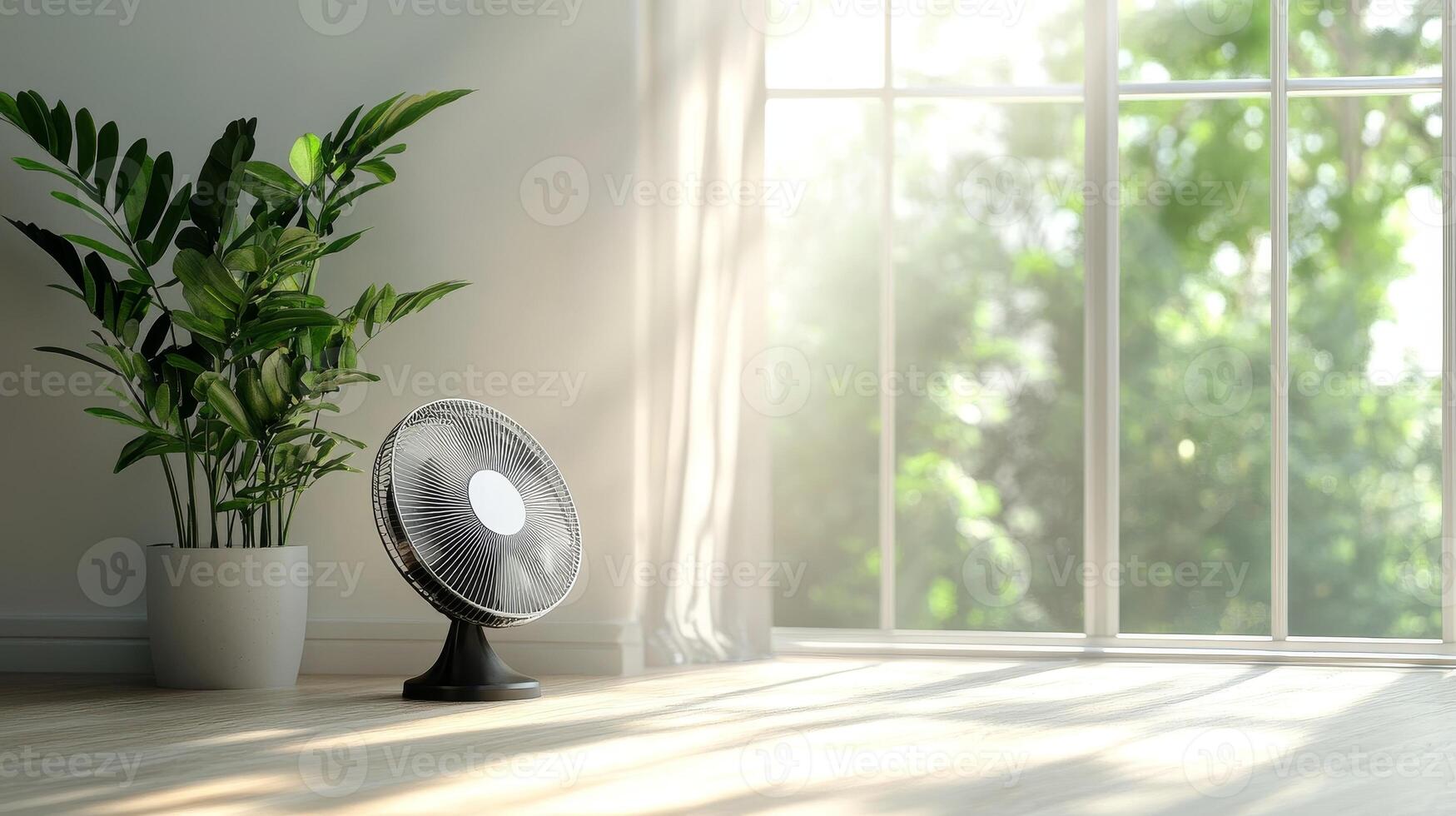 A bright indoor scene featuring a standing fan and a vibrant green plant beside a large window, evoking a feeling of tranquility and freshness. photo