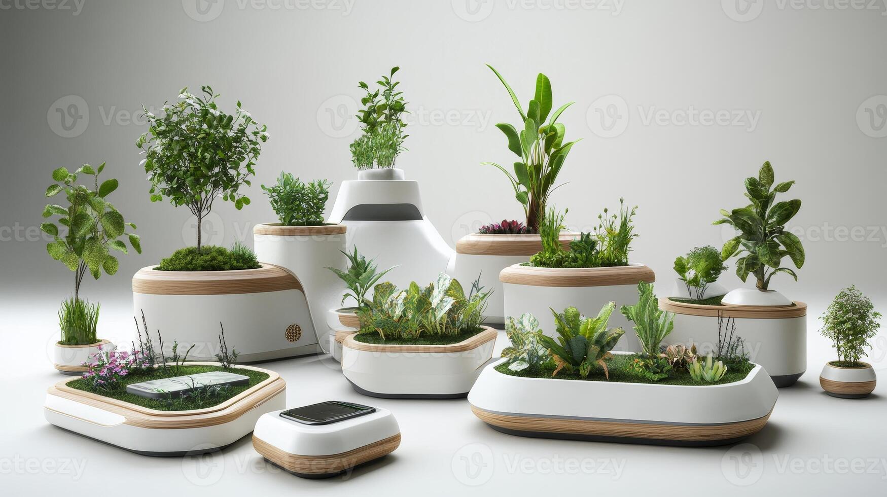 A stunning collection of modern indoor garden planters showcasing diverse plants. This innovative design emphasizes sustainability, beauty, and enhancing living spaces. photo