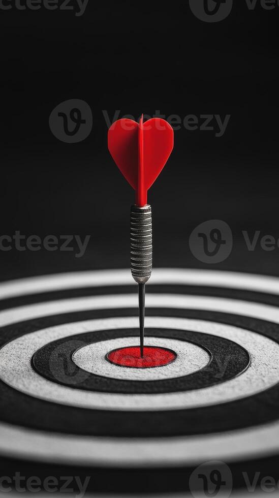 A red arrow is standing on a black and white target. The arrow is pointing towards the center of the target, which is also black and white. The target is circular in shape photo