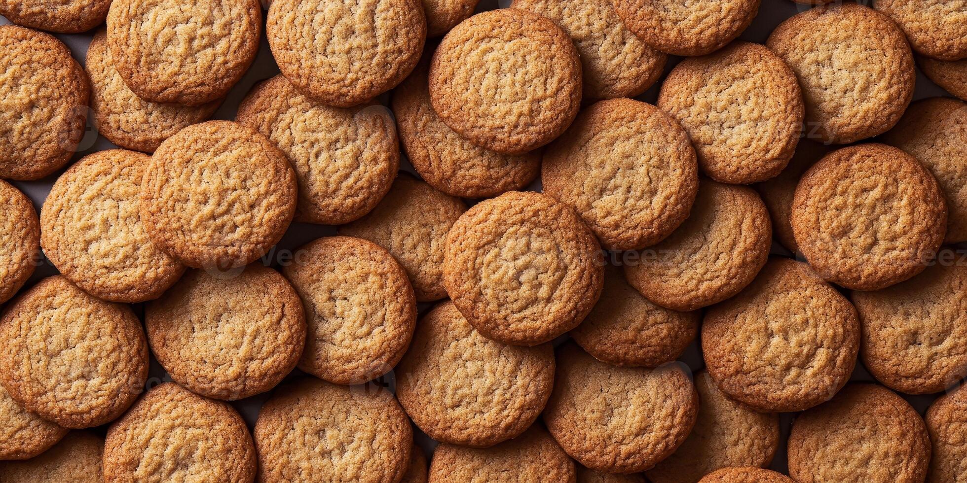 A close-up view of freshly baked cookies piled together, showcasing their golden color and inviting texture, perfect for dessert or a sweet snack. photo