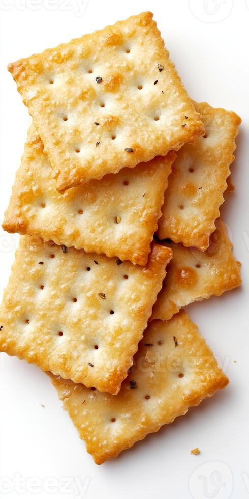 A close-up of crispy salted crackers stacked photo
