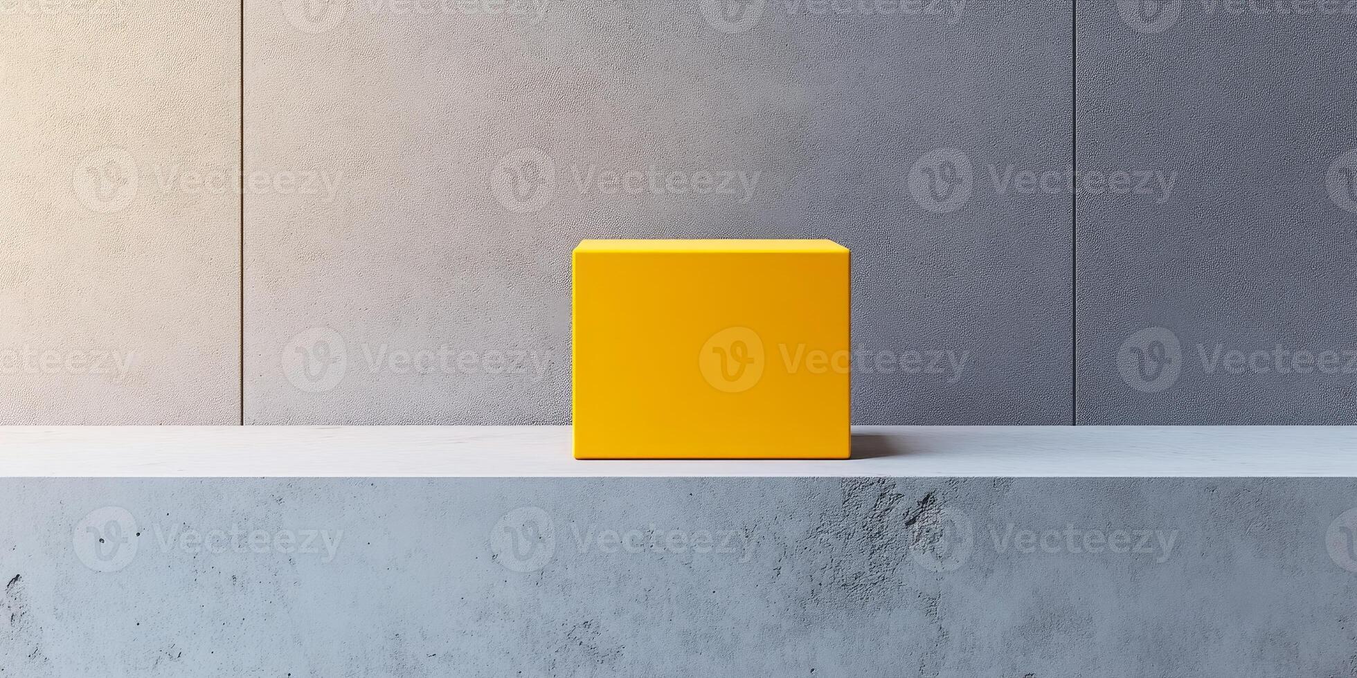 A vibrant yellow box sits elegantly on a minimalist concrete shelf against a gray backdrop. This composition highlights simplicity and geometric design, perfect for modern decor. photo