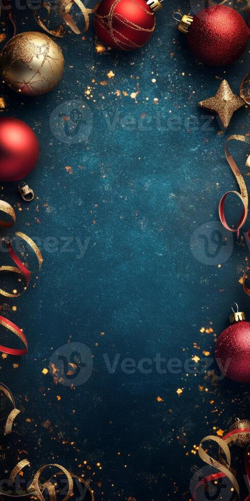 Elegant Christmas-themed background featuring red and gold ornaments and ribbons on a dark blue textured surface, perfect for holiday designs. photo