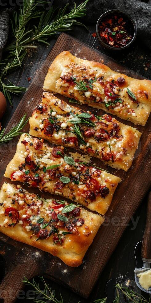 A pizza with herbs and cheese on a wooden board. The pizza is cut into six pieces. The table is covered with various items, including a spoon, a bowl, and a bottle photo