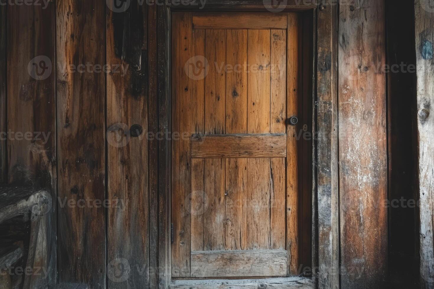 Close-up of an aged wooden door in a rustic cabin, showcasing natural textures and warm, earthy tones. photo