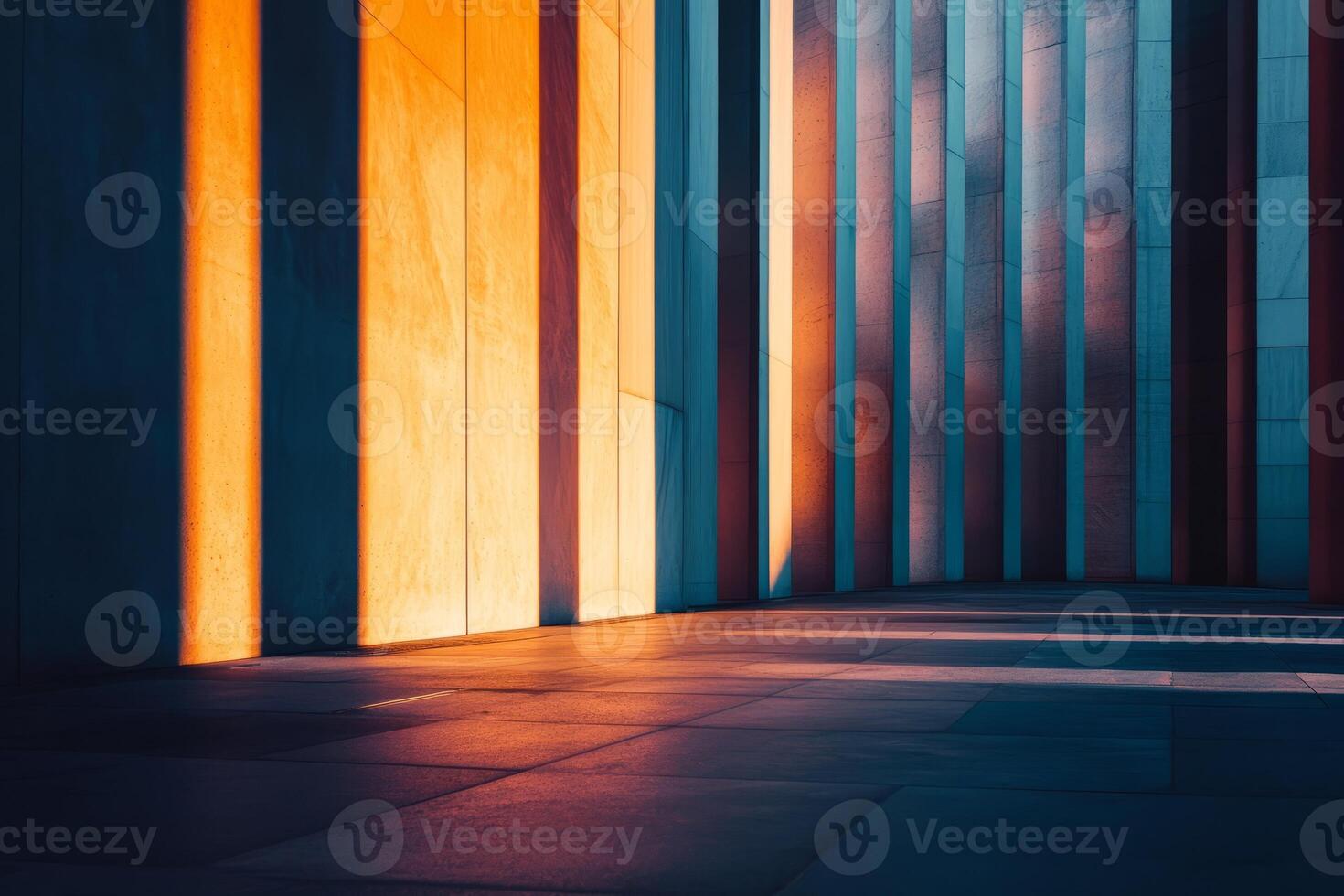 A striking image of a modern architectural interior featuring bold lines and vibrant lighting, creating a dramatic play of shadows. photo