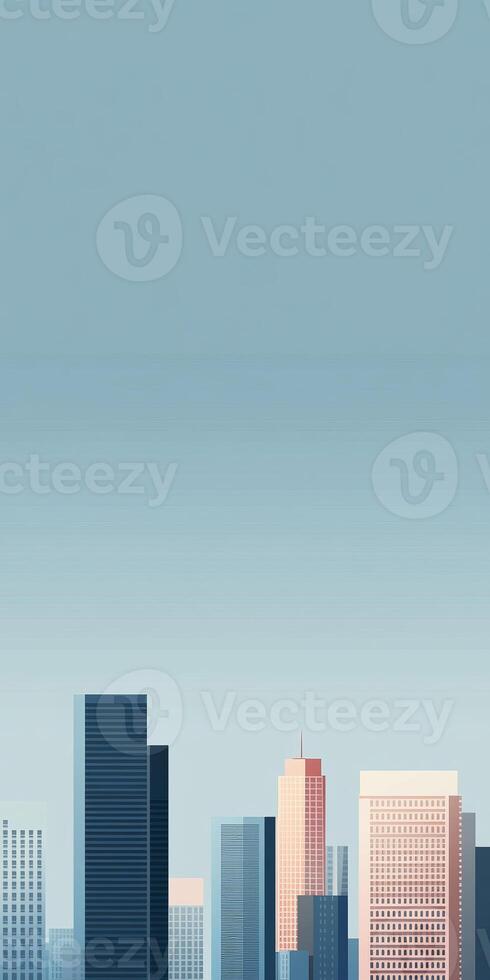 A minimalist illustration of a city skyline featuring modern skyscrapers under a clear blue sky. photo