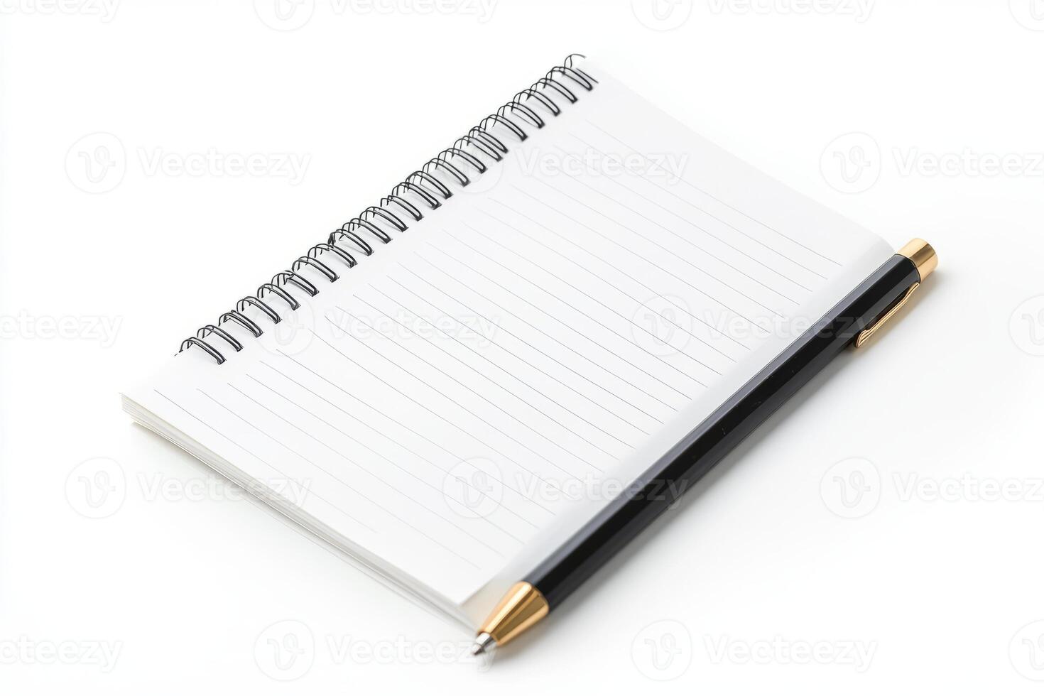 Open spiral notebook with a black pen on a white background, ideal for office, school, or creative projects. photo