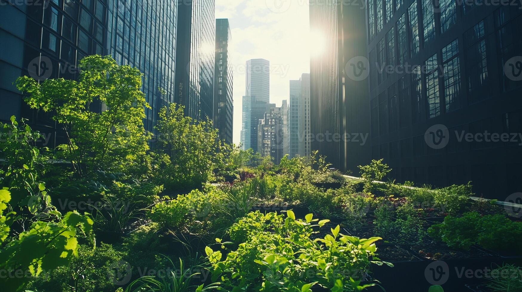 A thriving rooftop garden amidst towering skyscrapers, showcasing urban sustainability and green living in a bustling city environment. photo