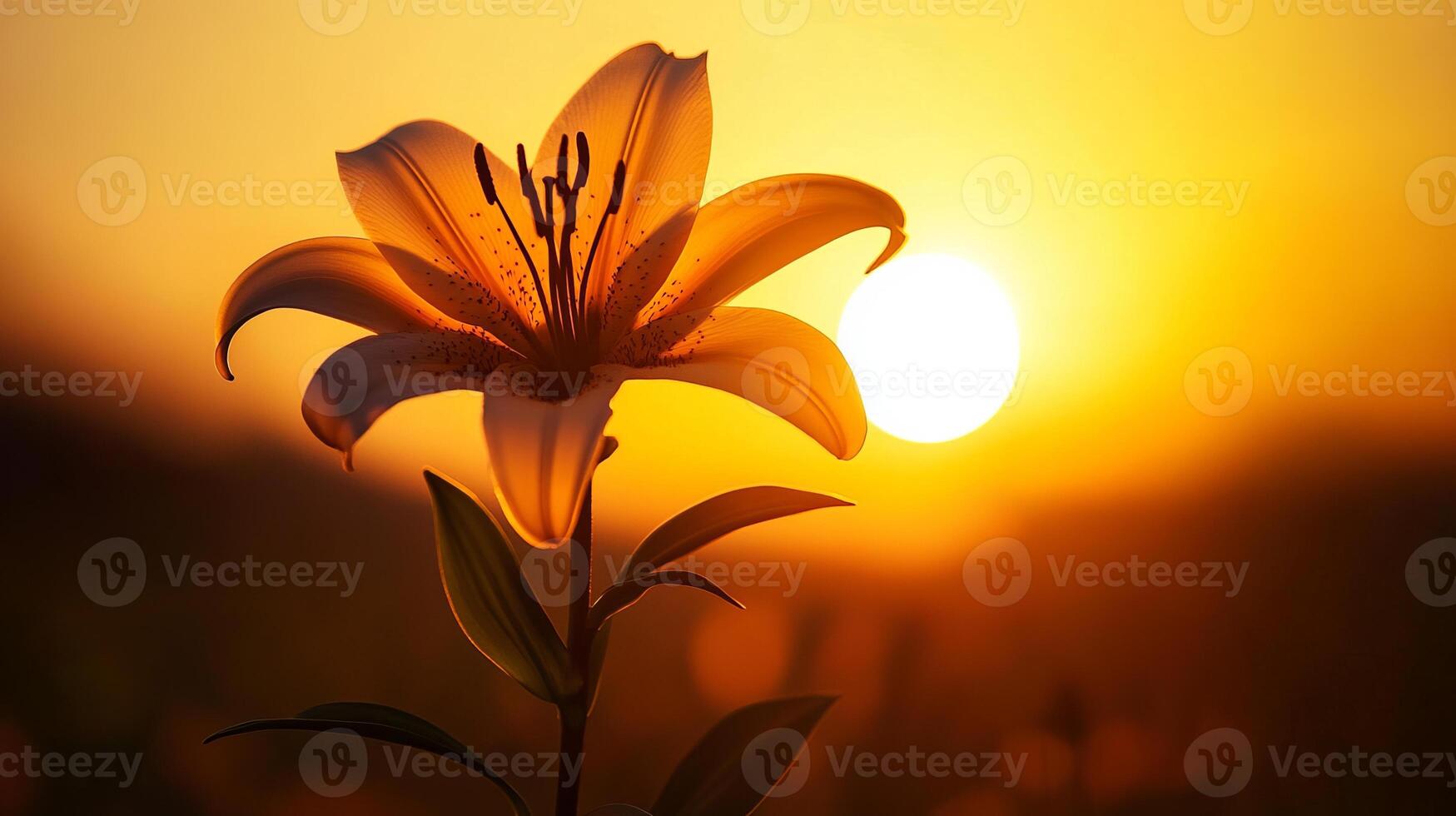 A single white flower with a yellow center is in front of a bright orange sun. The sun is setting, casting a warm glow over the scene. The flower is the main focus of the image photo