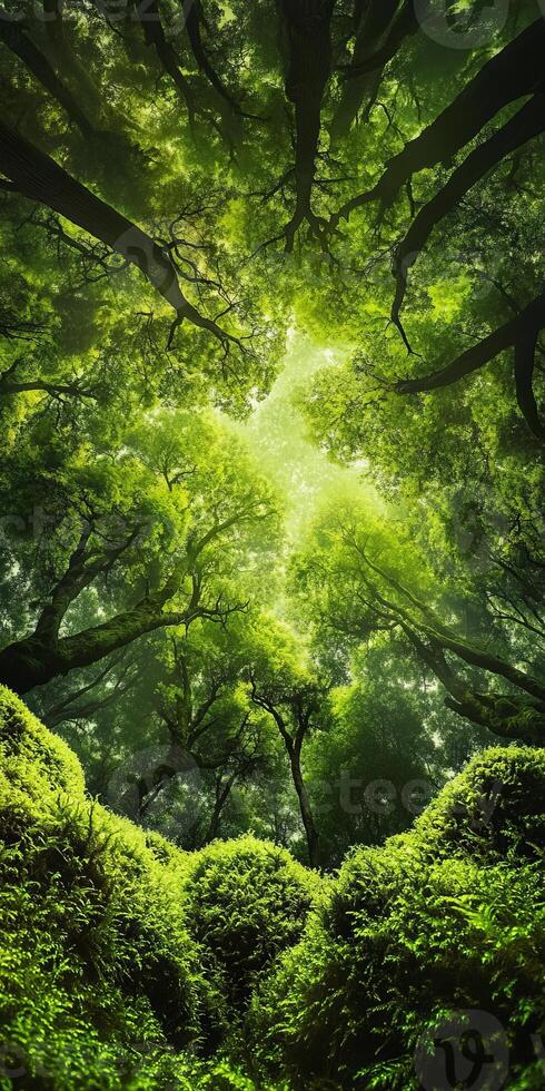 Sunlight filters through a dense canopy of vibrant green trees, creating a tranquil and serene forest atmosphere. photo