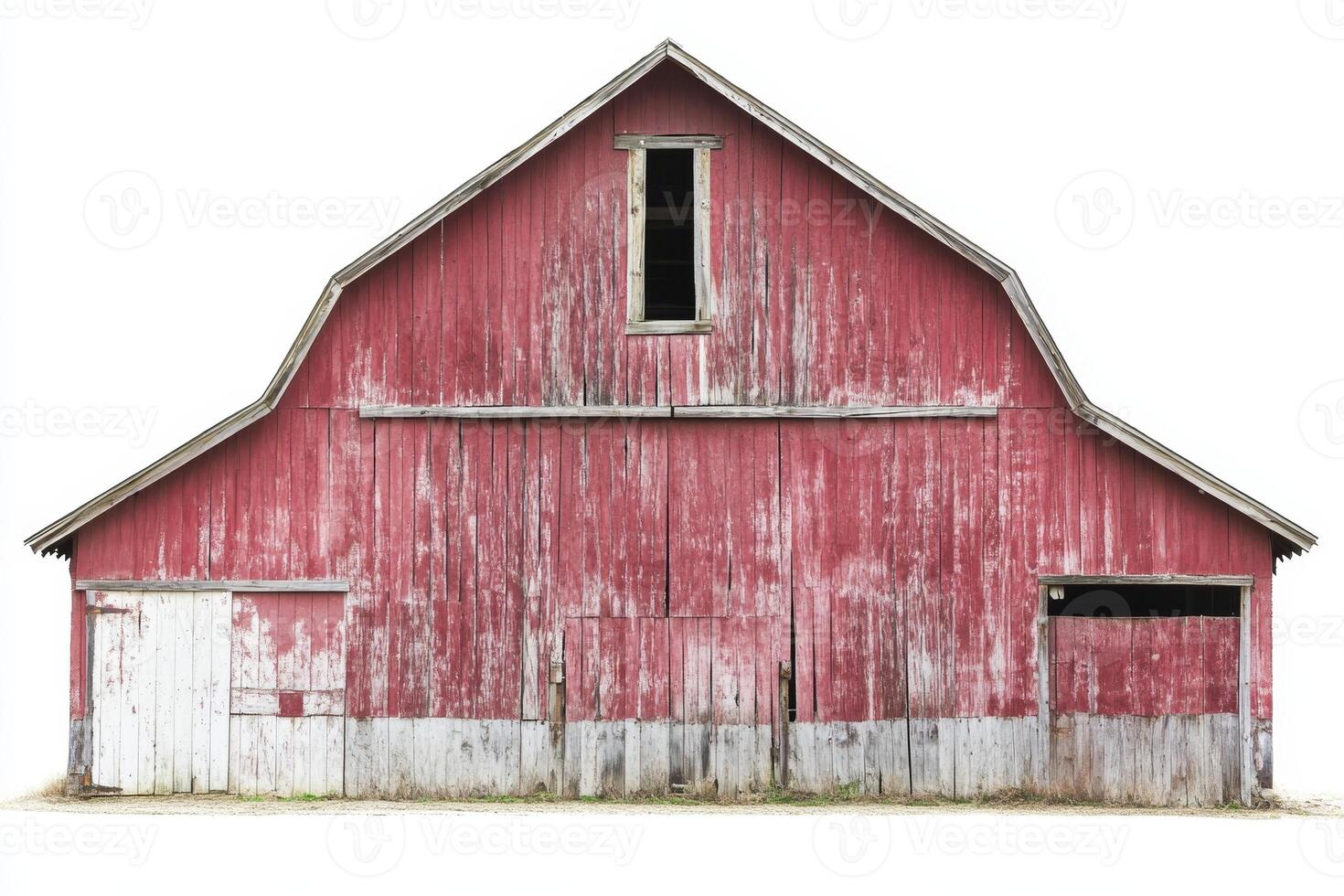 A charming red barn stands with a weathered wood exterior against a clean white backdrop, embodying rustic charm and countryside nostalgia, ideal for agriculture themes. photo