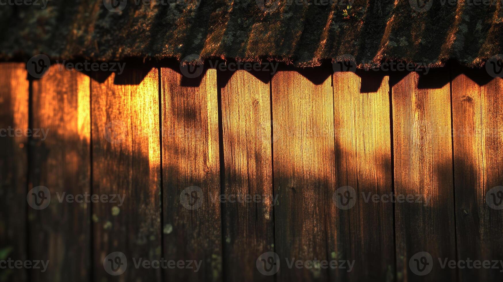 This image captures a rustic wooden fence bathed in warm golden light, highlighting the texture and shadows of the aged wood. Perfect for nature themes. photo