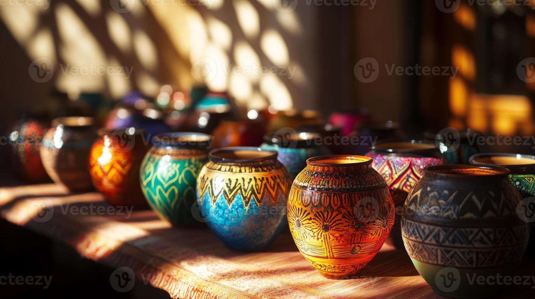 A table with many colorful vases on it. Some of the vases are green, yellow, and blue photo