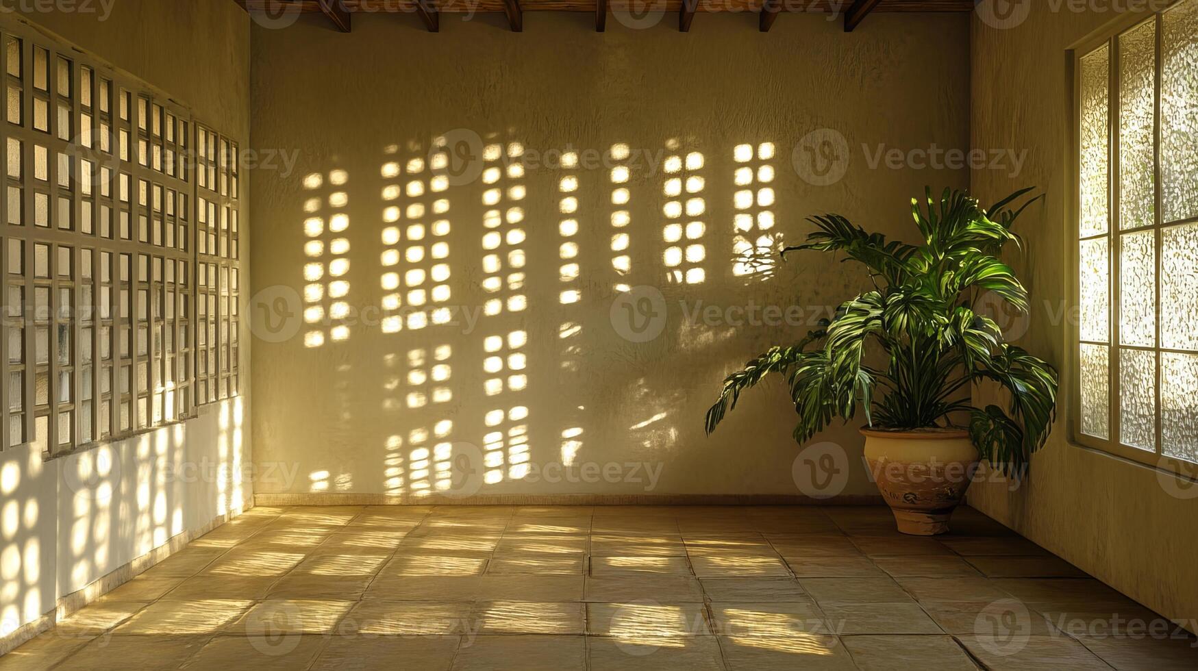 A minimalist room with sunlight casting geometric shadows on the walls and floor, featuring a potted plant in a serene setting. photo