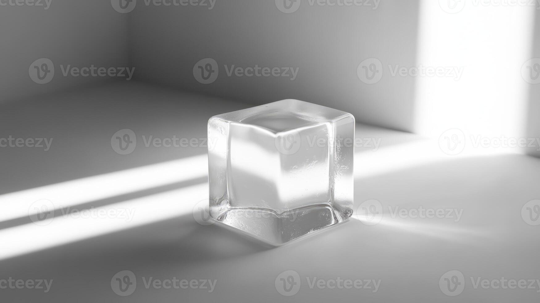 A single ice cube on a white surface, casting dramatic shadows in natural light, showcasing minimalist design. photo