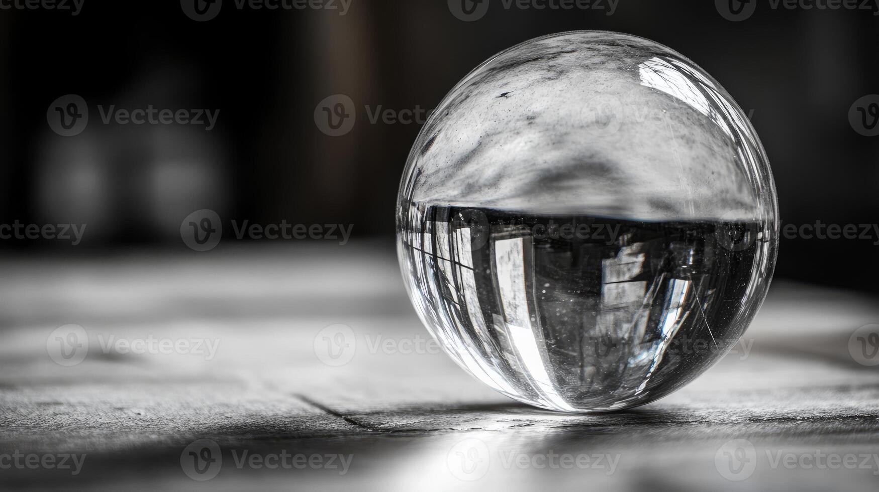 A clear glass ball is sitting on a table. The ball is reflecting the light from the window photo