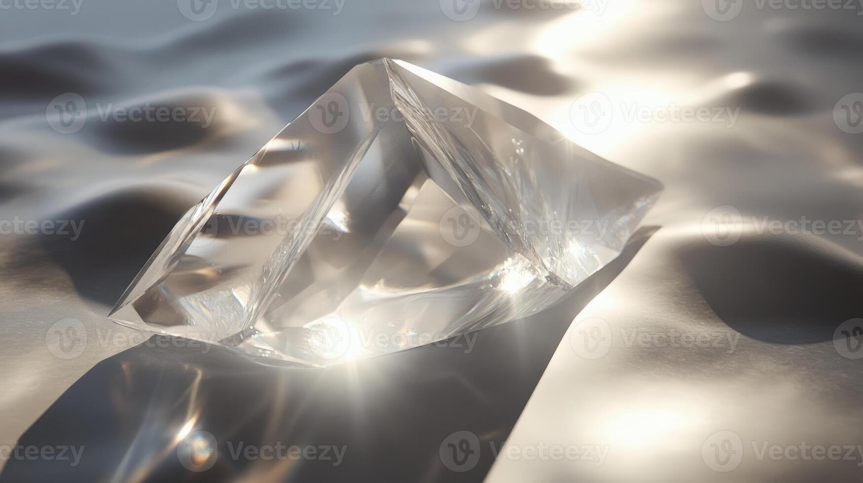 A beautiful transparent crystal on a smooth surface, capturing soft reflections and gentle lighting for an elegant and serene atmosphere. photo