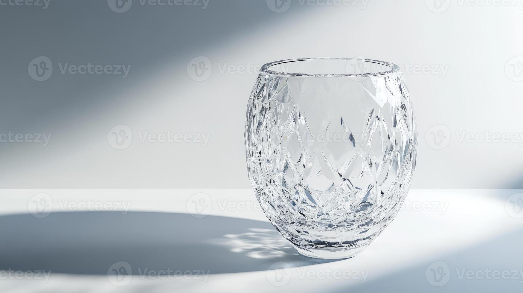 A beautifully crafted crystal glass with detailed patterns, casting artistic shadows on a minimalist surface under soft lighting. photo