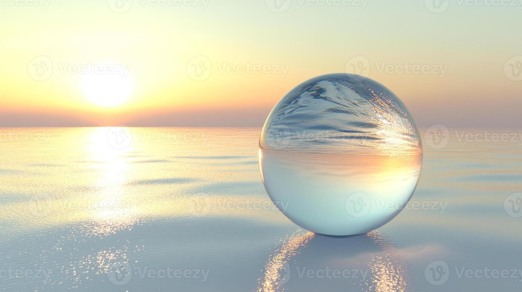 A large glass ball is sitting on the water. The sun is setting in the background. The water is calm and still photo