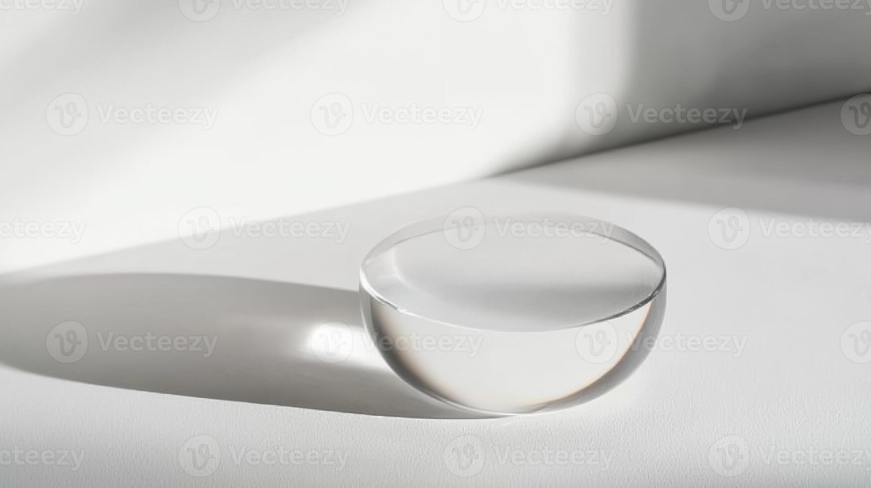 A clear glass sphere casting soft shadows on a white surface, illuminated by natural light in a minimalist setting. photo