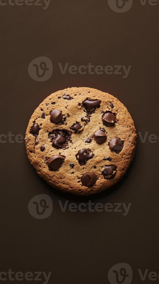 A close up of a chocolate chip cookie. The cookie is brown and has chocolate chips on it photo