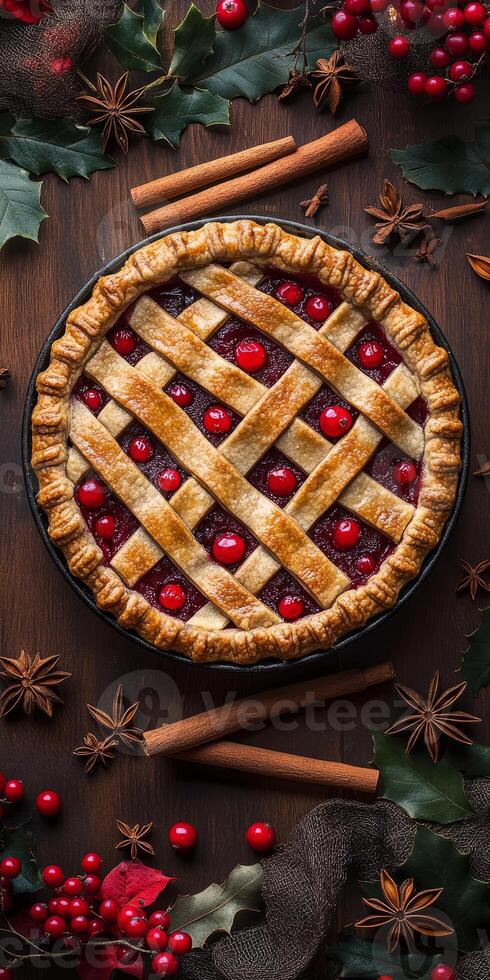 Pie with a lattice crust and berries on top. The pie is surrounded by cinnamon sticks and berries photo