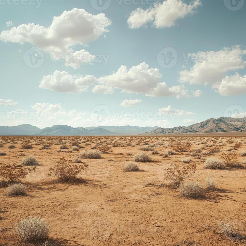 A vast desert scene featuring scattered shrubs, distant mountains, and a sky filled with fluffy clouds. photo