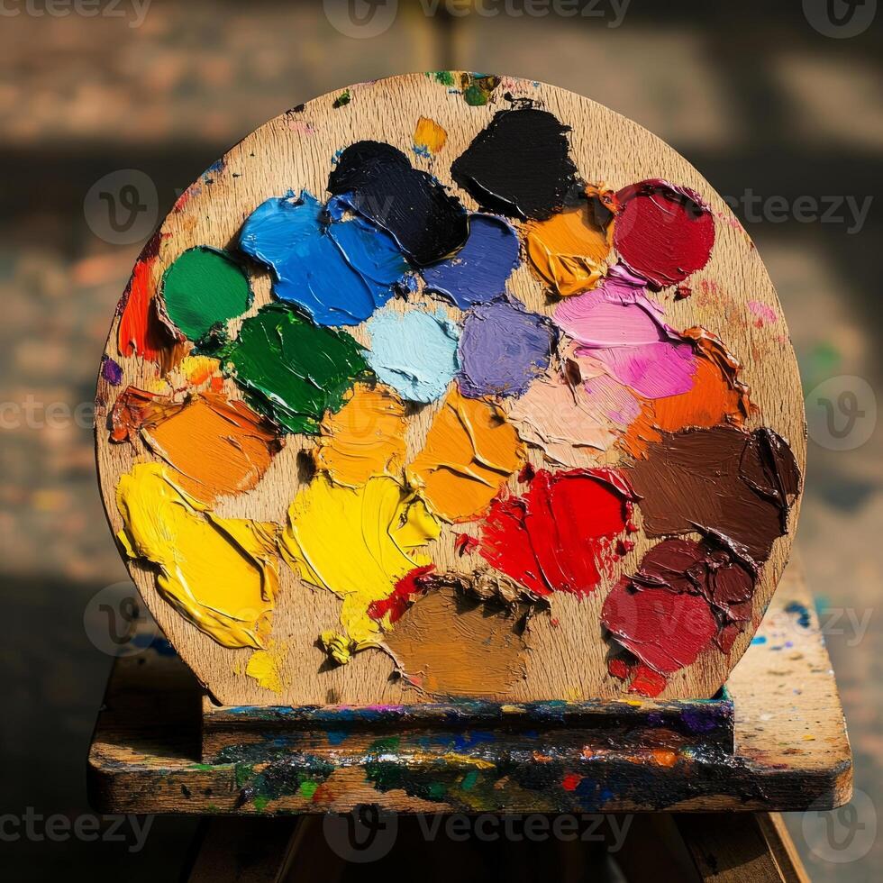 Close-up of a colorful artist palette with various paint blobs, showcasing creativity and artistic expression in a sunlit studio. photo