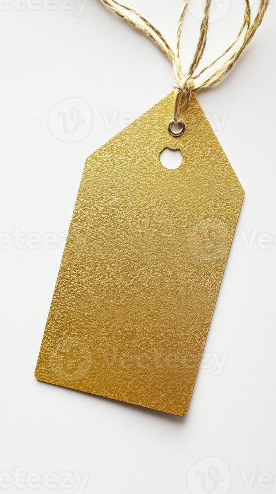 Close-up of a gold textured tag with twine string, perfect for retail, gift packaging, and branding design. photo
