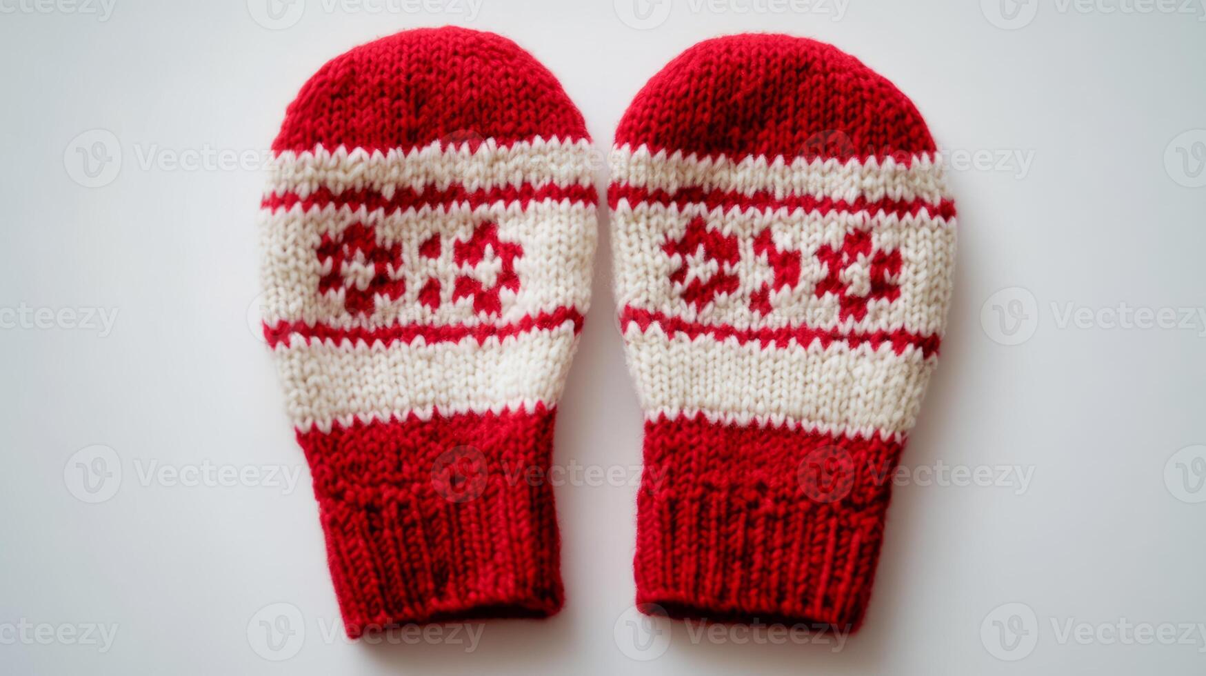 Warm red and white knitted mittens featuring a Nordic pattern, perfect for winter fashion and holiday themes. photo