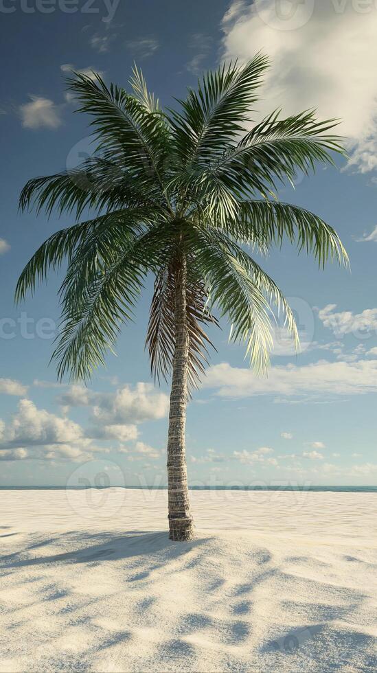 A solitary palm tree stands tall on a white sandy beach, set against a vibrant blue sky with scattered clouds. photo