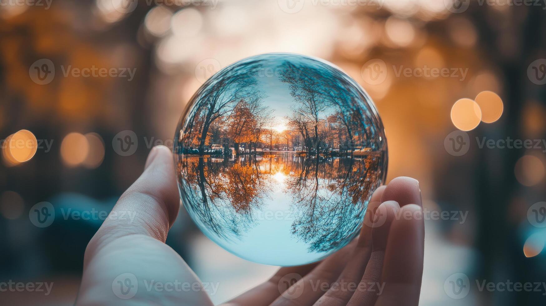 A hand holding a glass ball with a reflection of trees in the water. The reflection is blurry and the trees are in the background photo