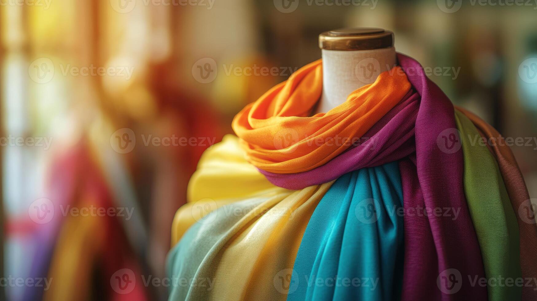 A colorful scarf is hanging on a mannequin. The scarf is multicolored and has a gold trim photo