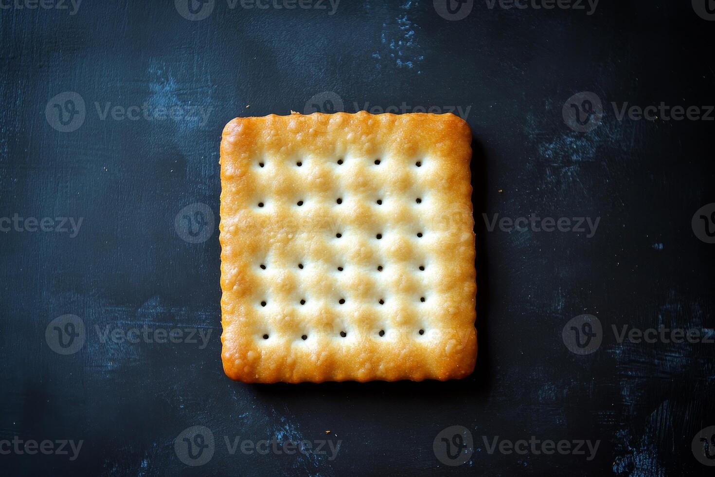 A golden crisp square cracker rests on a dark wooden surface, showcasing its simple yet appealing design. Perfect for food photography and culinary uses. photo
