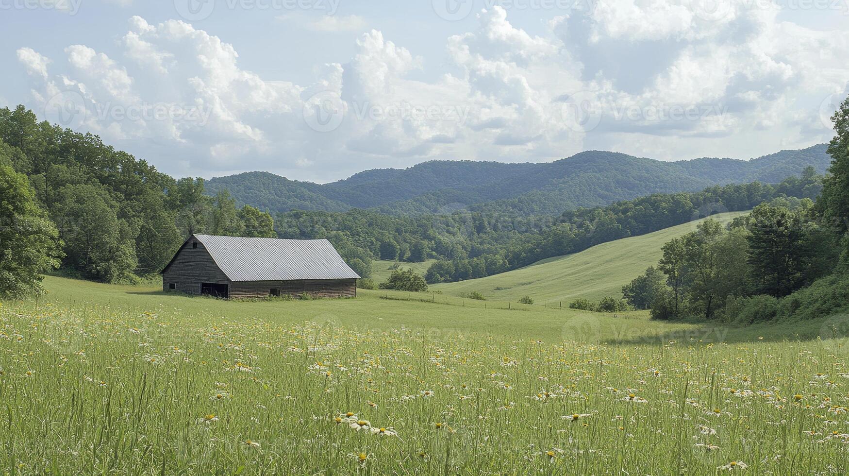 A large, old barn sits in a field of grass. The barn is surrounded by trees and the sky is cloudy. The scene is peaceful and serene, with the barn photo