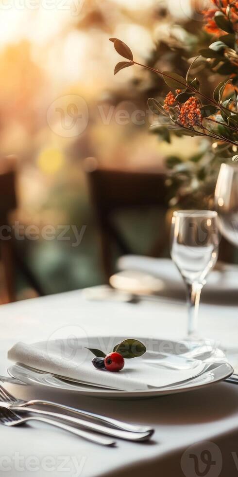 A beautifully arranged outdoor dining table with white plates, glassware, and floral decor, bathed in warm sunset light. photo
