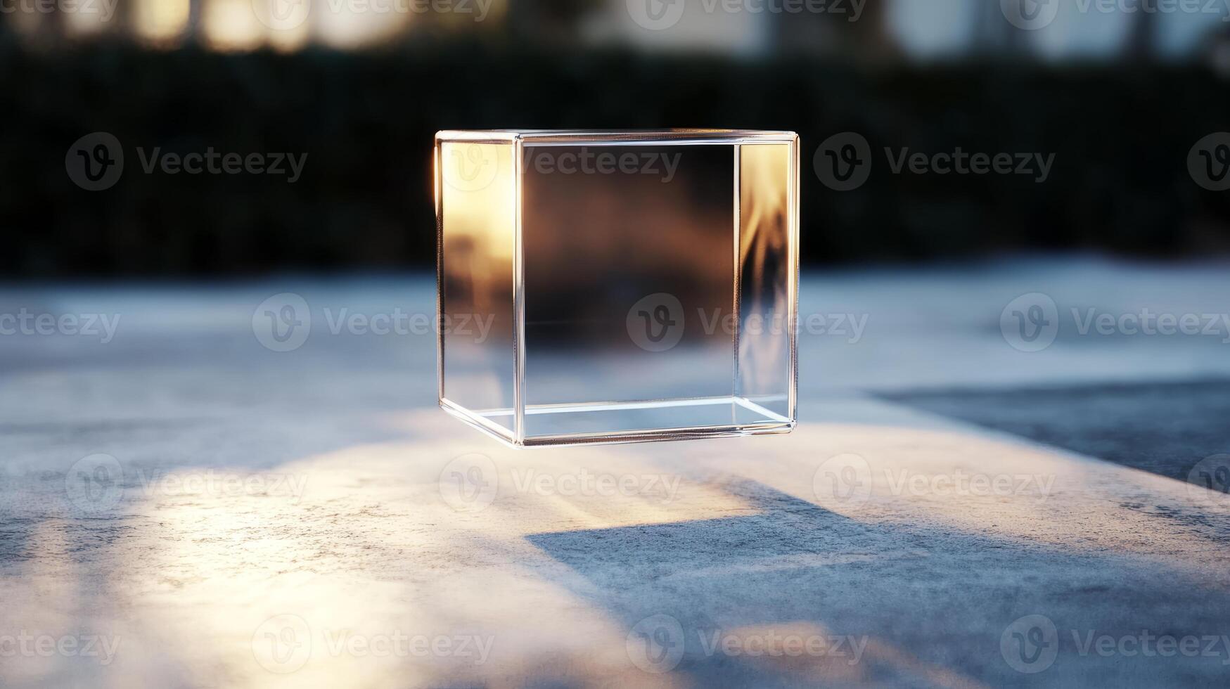 A clear cube is floating in the air. The cube is in the center of the image. The cube is surrounded by a shadow photo
