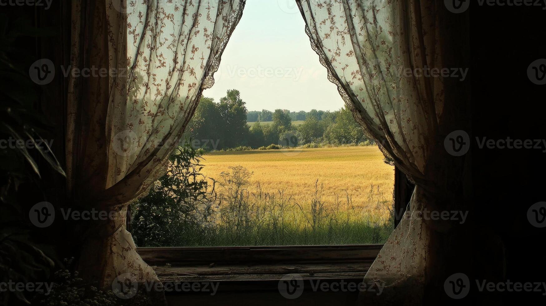 A window with a white curtain that is open to a field. The field is full of grass and trees photo