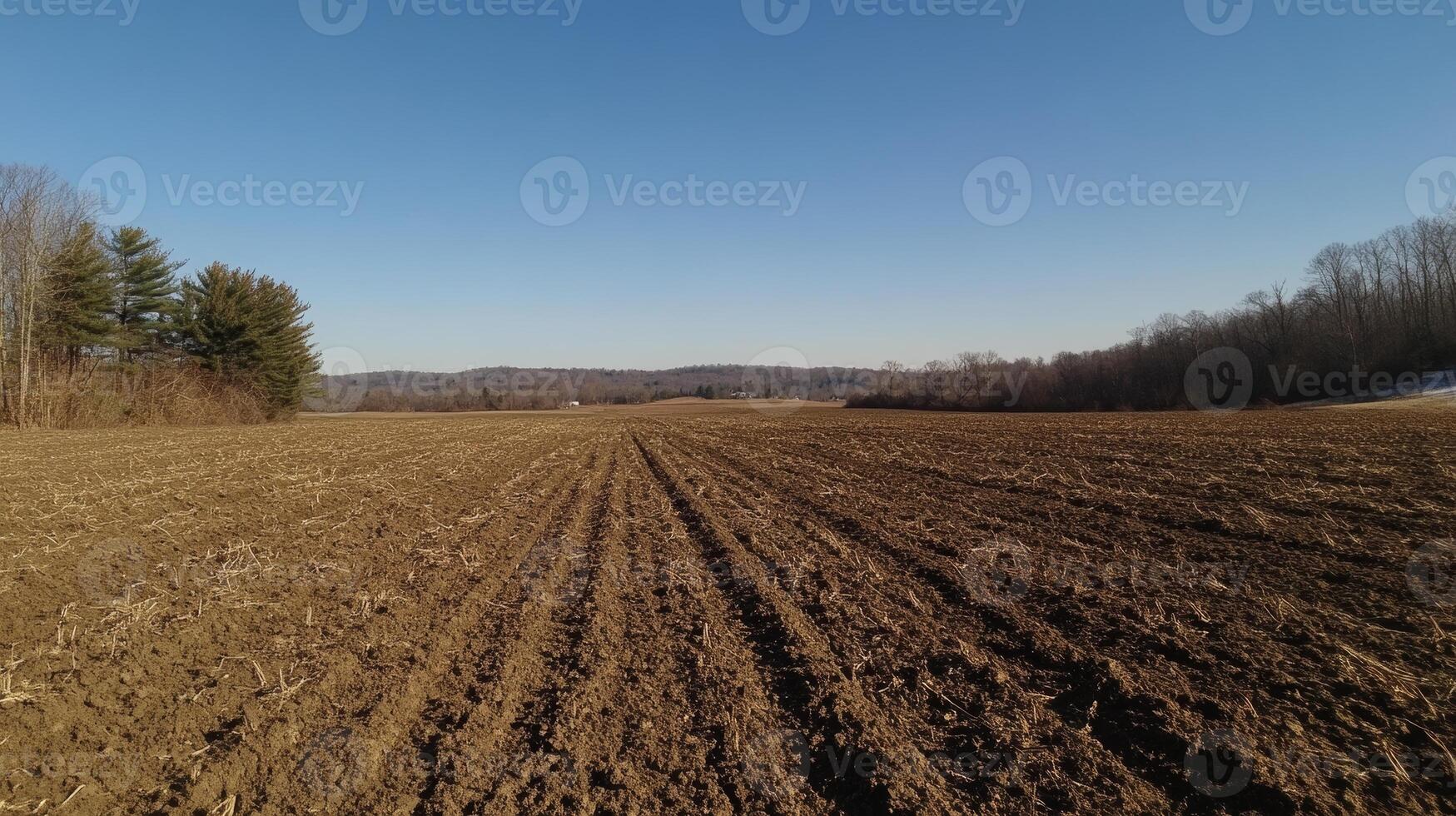 A field of dirt with a blue sky in the background. The sky is clear and the sun is shining brightly photo
