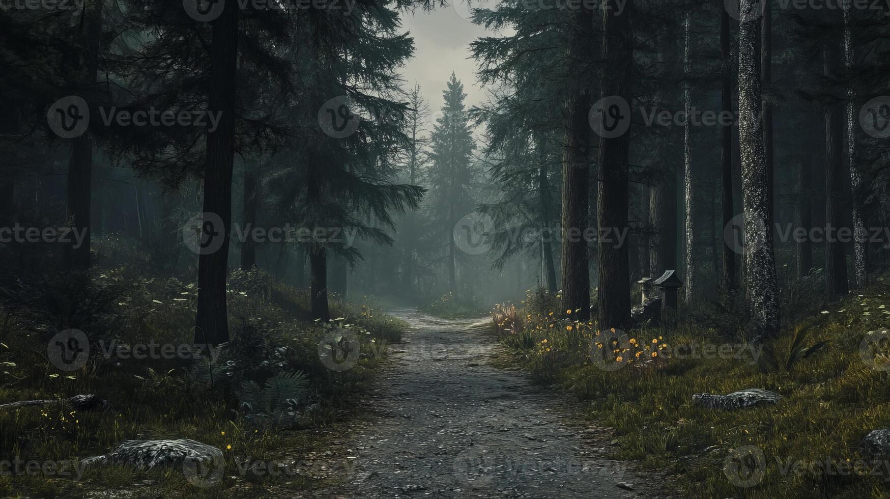 A peaceful forest path lined with tall trees and vibrant greenery, creating a serene and tranquil atmosphere. photo
