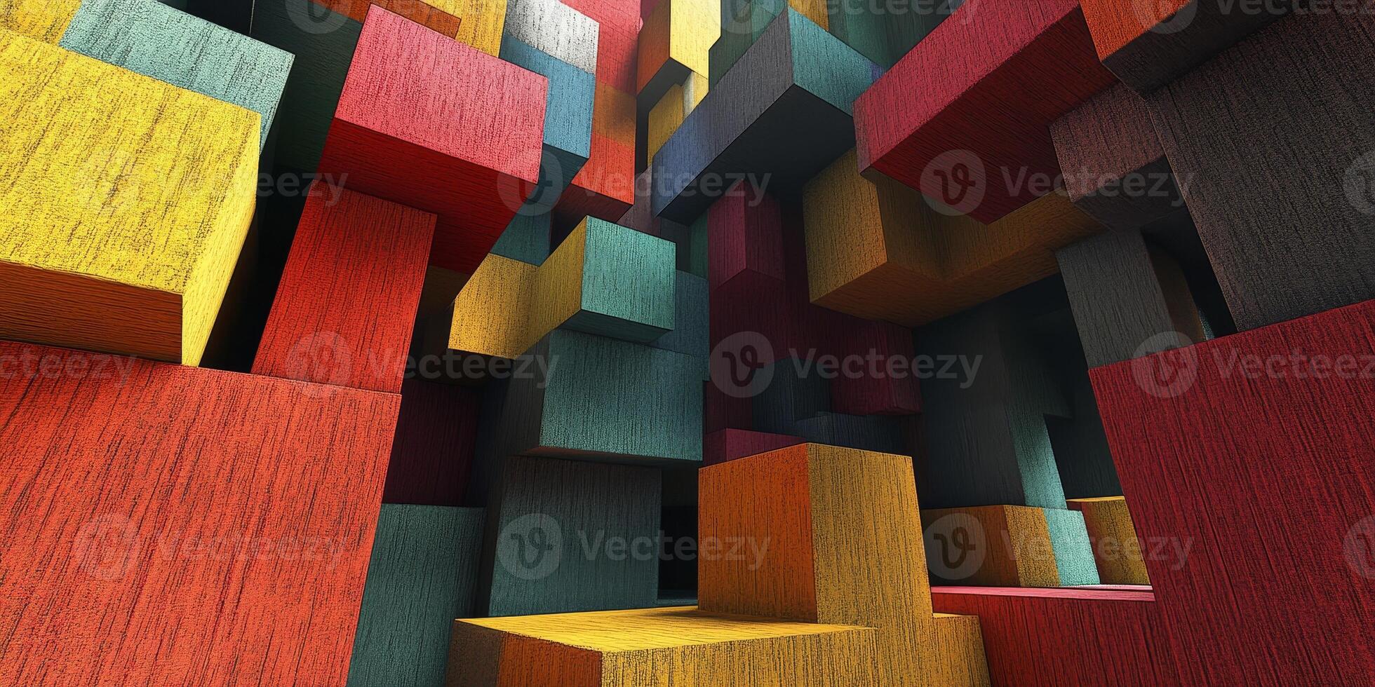 Explore a vibrant and colorful abstract digital artwork featuring three-dimensional blocks of various sizes and textures, creating a captivating visual experience. photo